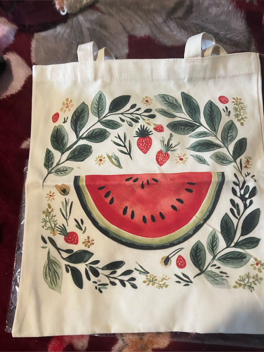 Watermelon & Floral Tote Bag - Red, Green, Cream